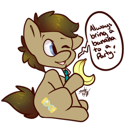 Size: 772x760 | Tagged: safe, artist:shushikitty, doctor whooves, pony, banana, crossover, cute, doctor who, doctorbetes, food, hoof hold, one eye closed, open mouth, simple background, sitting, solo, speech bubble, transparent background, wink