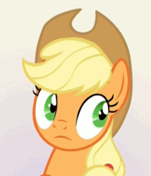 Size: 562x658 | Tagged: safe, derpibooru import, edit, edited screencap, screencap, applejack, earth pony, pony, sparkle's seven, :, animated, aside glance, female, gif, liarjack, looking at you, mare, nervous, poker face, shifty eyes, sideways glance, solo