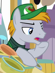 Size: 540x705 | Tagged: safe, screencap, pony, the ending of the end, baseball cap, cap, clothes, cropped, hat, lidded eyes, male, raised hoof, shirt, stallion, sub sandwich (character), talking, vendor stall