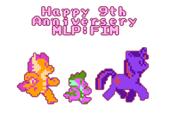 Size: 576x384 | Tagged: safe, artist:tarkan809, smolder, spike, twilight sparkle, dragon, pony, happy birthday mlp:fim, mlp fim's ninth anniversary, pixel art, quickie, running