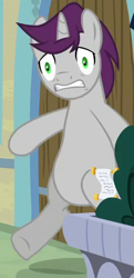 Size: 294x609 | Tagged: safe, screencap, written script, pony, unicorn, the ending of the end, animation error, bipedal, bipedal leaning, cropped, gritted teeth, leaning, male, nervous, stallion