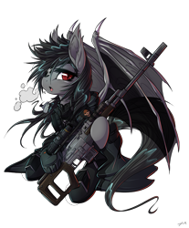 Size: 3393x4092 | Tagged: safe, artist:mirapony, oc, oc only, oc:elena dragunova, oc:falling star, bat pony, pony, background removed, bat pony oc, clothes, eyepatch, female, gun, mare, rifle, simple background, slit eyes, sniper rifle, solo, weapon, white background