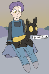 Size: 619x932 | Tagged: safe, artist:heretichesh, oc, oc only, oc:crag, oc:konica, changeling, earth pony, pony, satyr, blushing, changeling oc, clothes, dialogue, offspring, pants, parent:maud pie, sitting, yellow changeling