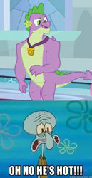 Size: 805x1557 | Tagged: safe, edit, edited screencap, screencap, spike, dragon, the last problem, adult, adult spike, cropped, gigachad spike, male, meme, nickelodeon, oh no he's hot, older, older spike, spongebob squarepants, squidward tentacles, squilliam returns, stupid sexy spike, winged spike