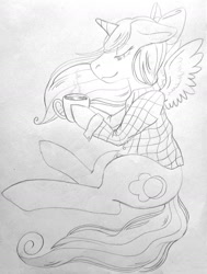 Size: 1058x1401 | Tagged: safe, artist:yami-yoru, oc, oc:fleurbelle, alicorn, pony, alicorn oc, autumn, bow, coffee, coffee cup, cup, cute, female, flannel, flannel shirt, hair bow, mare, peaceful, sketch, traditional art