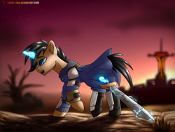 Size: 2000x1500 | Tagged: safe, artist:shido-tara, oc, oc only, oc:daniel evans, pony, unicorn, fallout equestria, fallout equestria: parallelism, armor, black mane, black tail, blue eyes, cloak, clothes, courier six, desert, fallout, fallout: new vegas, fanfic, fanfic art, glowing horn, hooves, horn, levitation, magic, male, open mouth, pipbuck, ponified, solo, stallion, sword, telekinesis, wasteland, weapon