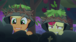 Size: 1280x720 | Tagged: safe, derpibooru import, screencap, apple bloom, applejack, earth pony, pony, going to seed, scared, smiling