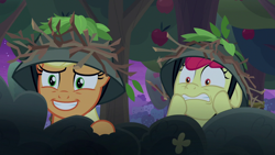 Size: 1280x720 | Tagged: safe, derpibooru import, screencap, apple bloom, applejack, earth pony, pony, going to seed, scared, smiling