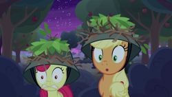 Size: 1280x720 | Tagged: safe, derpibooru import, screencap, apple bloom, applejack, earth pony, pony, going to seed, scared