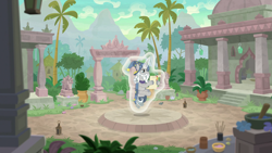 Size: 1920x1080 | Tagged: safe, screencap, star swirl the bearded, pony, unicorn, the ending of the end, glowing horn, hoof hold, horn, letter, levitation, magic, male, palm tree, reading, ruins, self-levitation, solo, stallion, telekinesis, tree