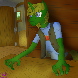 Size: 3240x3240 | Tagged: safe, artist:quarmaid, oc, anthro, unicorn, amulet, blue eyes, door, jewelry, male, shadow, solo, table