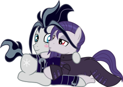 Size: 1996x1415 | Tagged: safe, artist:lightningbolt, derpibooru exclusive, funnel web, snow hope, earth pony, pony, .svg available, blushing, clothes, emo, gay, goth, happy, jacket, kissing, lidded eyes, male, nervous, prone, shipping, simple background, smiling, snowweb, stallion, svg, transparent background, vector