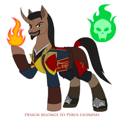 Size: 1588x1532 | Tagged: safe, artist:pyrus-leonidas, pony, unicorn, series:mortal kombat:defenders of equestria, beard, boots, clothes, crossover, curved horn, facial hair, fire, goatee, horn, male, mortal kombat, pants, ponified, raised hoof, shang tsung, shoes, signature, simple background, skull, solo, stallion, tail wrap, transparent background
