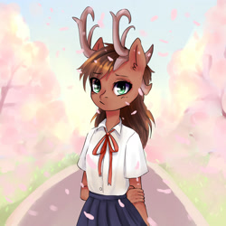 Size: 2480x2480 | Tagged: artist needed, safe, oc, oc:ravishing rhapsody, pony, cherry blossoms, clothes, flower, flower blossom, school uniform, solo