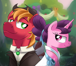 Size: 3113x2726 | Tagged: safe, artist:oinktweetstudios, big macintosh, sugar belle, earth pony, pony, the big mac question, clothes, dress, female, male, mare, shipping, stallion, straight, sugarmac, tuxedo, wedding dress