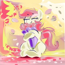 Size: 2000x2000 | Tagged: safe, artist:dimfann, roseluck, earth pony, pony, bouquet, eyes closed, female, flower, happy, mare, rose, sitting, smiling, solo