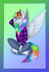 Size: 1920x2829 | Tagged: safe, artist:serafima-aka-sefa, oc, anthro, kirin, pegasus, clothes, colored, horn, kirin oc, sitting, solo, wings