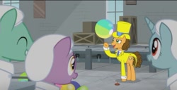 Size: 645x329 | Tagged: safe, screencap, cheese sandwich, earth pony, pony, unicorn, the last laugh, balloon, beach ball, box, clothes, early, factory, hat, needle, song, summer, yellow