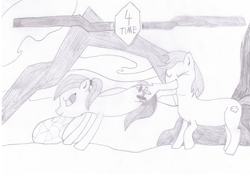 Size: 2048x1438 | Tagged: safe, artist:ragmo, oc, oc only, earth pony, pony, unicorn, atg 2019, female, fight, male, monochrome, newbie artist training grounds, traditional art