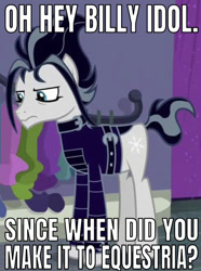 Size: 640x861 | Tagged: safe, edit, edited screencap, editor:undeadponysoldier, screencap, snow hope, earth pony, pony, fake it 'til you make it, billy idol, caption, cropped, goth, gothic eyeliner, image macro, makeup, male, meme, stallion, text