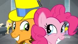 Size: 1920x1080 | Tagged: safe, derpibooru import, screencap, cheese sandwich, pinkie pie, earth pony, pony, the last laugh, back to back, background pony, clothes, dancing, discovery family logo, duo focus, eye contact, factory, female, gag factory, hat, looking at each other, male, mare, stallion, top hat, tuxedo, unnamed pony