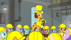 Size: 1920x1080 | Tagged: safe, screencap, cheese sandwich, earth pony, pony, the last laugh, background pony, bipedal, cane, clothes, discovery family logo, factory, female, gag factory, giggleberry, hard hat, hat, hoof hold, lab coat, lavender chuckle, male, mare, pun twirl, stallion, summermint, top hat, tuxedo, unnamed pony