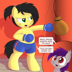 Size: 3000x3000 | Tagged: safe, artist:an-tonio, artist:toyminator900, oc, oc only, oc:coldfire (bat pony), oc:uppercute, bat pony, earth pony, pony, bat pony oc, boxing, boxing gloves, clothes, fangs, freckles, ponytail, punching bag, remake, shorts, slit eyes, speech bubble, sports