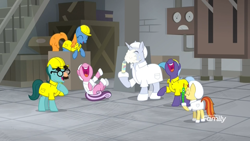 Size: 1920x1080 | Tagged: safe, screencap, lemon honey, earth pony, pony, unicorn, the last laugh, background pony, booties, clothes, discovery family logo, factory, fake nose, female, food, gag factory, giggleberry, hard hat, hoof hold, lab coat, laughing, lavender flask, male, mare, pareidolia, platinum cure, rofl, stallion, teenager, unnamed pony, whipped cream