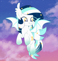 Size: 858x895 | Tagged: safe, artist:owlity, oc, oc only, oc:wistful galaxy, bat pony, pony, bat pony oc, female, flying, mare, smiling, solo, sunset