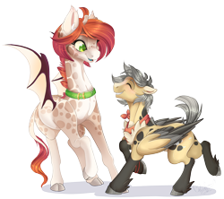 Size: 1024x909 | Tagged: safe, artist:pvrii, oc, oc only, oc:bridgette, oc:silo, giraffe, hybrid, original species, pegasus, pony, bat wings, bracelet, chest fluff, cloven hooves, collar, dog collar, duo, ear fluff, female, freckles, happy, height difference, jewelry, leonine tail, looking at each other, male, neckerchief, simple background, size difference, spots, stallion, transparent background, wings