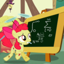 Size: 128x128 | Tagged: safe, screencap, apple bloom, pony, the cutie pox, chalk, chalk drawing, chalkboard, confused, cropped, cutie pox, female, filly, hoop, math, picture for breezies, plates, raised eyebrow, solo, tap dancing, traditional art