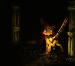 Size: 2419x2127 | Tagged: safe, artist:misstwipietwins, pegasus, pony, fanfic:deep down in the dungeon walls, amnesia the dark descent, column, crossover, fanfic art, lantern, mouth hold, solo, water