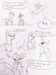 Size: 3024x4032 | Tagged: safe, artist:erenerakhard, derpibooru exclusive, maud pie, ocellus, changedling, changeling, earth pony, pony, bumblebee (movie), comic, disguise, disguised changeling, parody, rock, rockellus, scene parody, traditional art, transformers
