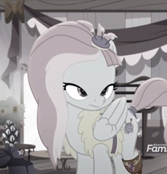 Size: 376x391 | Tagged: safe, screencap, kerfuffle, pegasus, pony, rainbow roadtrip, amputee, clothes, cropped, discovery family logo, female, mare, mid-blink screencap, prosthetic leg, prosthetic limb, prosthetics, solo