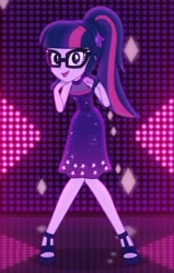 Size: 717x1125 | Tagged: safe, screencap, sci-twi, twilight sparkle, better together, equestria girls, i'm on a yacht, cute, feet, female, geode of telekinesis, glasses, looking at you, magical geodes, neon eg logo, ponytail, sandals, sleeveless, solo, twiabetes