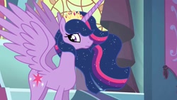 Size: 1920x1080 | Tagged: safe, twilight sparkle, twilight sparkle (alicorn), alicorn, pony, canterlot castle, castle, crown, fake, fake screencap, faker than a three dollar bill, female, flowing mane, hilarious in hindsight, jewelry, mare, older, regalia, seems legit, solo, throne room, ultimate twilight