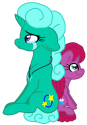 Size: 751x1080 | Tagged: safe, artist:徐詩珮, glitter drops, oc, oc:betty pop, unicorn, my little pony: the movie, base used, crying, duo, duo female, female, filly, magical lesbian spawn, mare, mother and child, mother and daughter, next generation, offspring, parent and child, parent:glitter drops, parent:tempest shadow, parents:glittershadow, sad, smiling