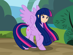 Size: 2511x1887 | Tagged: safe, artist:badumsquish, derpibooru exclusive, twilight sparkle, twilight sparkle (alicorn), alicorn, monster pony, original species, cursed image, female, grin, human facial structure, human head pony, looking at you, my horse prince, smiling, solo, spread wings, tardy the man pony, wat, what has magic done, what has science done, windswept mane, wings