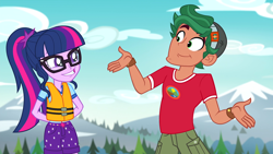 Size: 1280x720 | Tagged: safe, screencap, sci-twi, timber spruce, twilight sparkle, equestria girls, legend of everfree - bloopers, arm behind back, camp everfree outfits, clothes, cute, female, glasses, lifejacket, male, ponytail, shipping, shorts, sky, smiling, straight, timberbetes, timbertwi