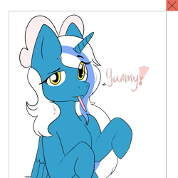 Size: 800x800 | Tagged: safe, artist:wildcarddraws, oc, oc:fleurbelle, alicorn, alicorn oc, bow, female, food, golden eyes, hair bow, mare, pocky, speech bubble