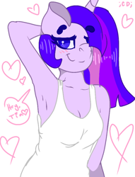 Size: 600x785 | Tagged: safe, artist:crippling depression, twilight sparkle, alicorn, anthro, alternate hairstyle, arm behind head, armpits, blushing, breasts, clothes, female, hair over one eye, heart, implied lesbian, implied shipping, implied twilestia, signature, solo, stretching, tanktop