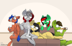 Size: 8000x5120 | Tagged: safe, artist:difis, oc, oc only, oc:radiant light, bat pony, earth pony, pegasus, pony, absurd resolution, alcohol, bong, bottle, bow, cellphone, chest fluff, drugs, friends, hanging out, misleading thumbnail, phone, smartphone, sofa