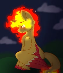 Size: 833x959 | Tagged: safe, artist:moonlightdisney5, oc, oc:tiny, alicorn, pony, blushing, flame hair, mane of fire, solo, unshorn fetlocks