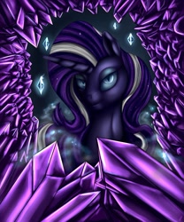 Size: 816x979 | Tagged: safe, artist:com3tfire, nightmare rarity, pony, unicorn, crystal, evil, evil grin, grin, smiling, smoke