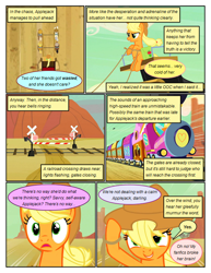 Size: 612x792 | Tagged: safe, artist:newbiespud, edit, edited screencap, screencap, earth pony, pony, comic:friendship is dragons, the last roundup, background pony, carriage, comic, desert, dialogue, female, freckles, grin, harness, hat, implied fluttershy, implied pinkie pie, implied rainbow dash, implied rarity, implied twilight sparkle, male, mare, screencap comic, sitting, smiling, stallion, tack, train, train tracks, worried