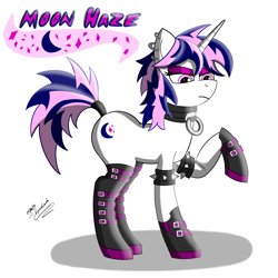 Size: 2200x2200 | Tagged: safe, artist:lyruzlavh, oc, oc only, oc:moon haze, pony, unicorn, boots, bracelet, buckle, collar, eyelashes, eyeshadow, goth, goth pony, gothic, jewelry, looking down, makeup, name, piercing, shoes, simple background, solo, tail wrap, white background