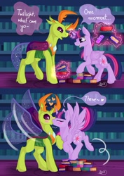 Size: 752x1063 | Tagged: safe, artist:julunis14, thorax, twilight sparkle, twilight sparkle (alicorn), alicorn, changedling, changeling, pony, blushing, book, comic, female, heart, king thorax, kissing, library, magic, male, mare, shipping, speech bubble, straight, surprise kiss, telekinesis, twirax