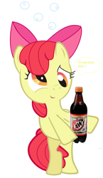 Size: 3051x5243 | Tagged: safe, edit, apple bloom, asdfmovie reference in the description, cute, derp, drunk, drunk bubbles, drunk filly, drunker bloom, female, filly, inverted mouth, it's root beer time, root beer, solo, speech bubble, text