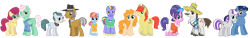 Size: 4727x723 | Tagged: safe, bow hothoof, bright mac, cloudy quartz, cookie crumbles, gentle breeze, hondo flanks, igneous rock pie, night light, pear butter, posey shy, twilight velvet, windy whistles, pony, brightbutter, clothes, cookieflanks, dad six, female, glasses, hat, husband and wife, looking at you, male, mom six, nightvelvet, pants, parents six, quartzrock, shipping, shirt, shorts, shys, simple background, smiling, straight, sweater, transparent background, vector, windyhoof