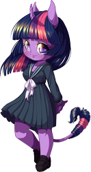 Size: 714x1347 | Tagged: safe, artist:kittehkatbar, twilight sparkle, anthro, chibi, clothes, cute, female, hands behind back, leonine tail, school uniform, simple background, solo, transparent background, twiabetes